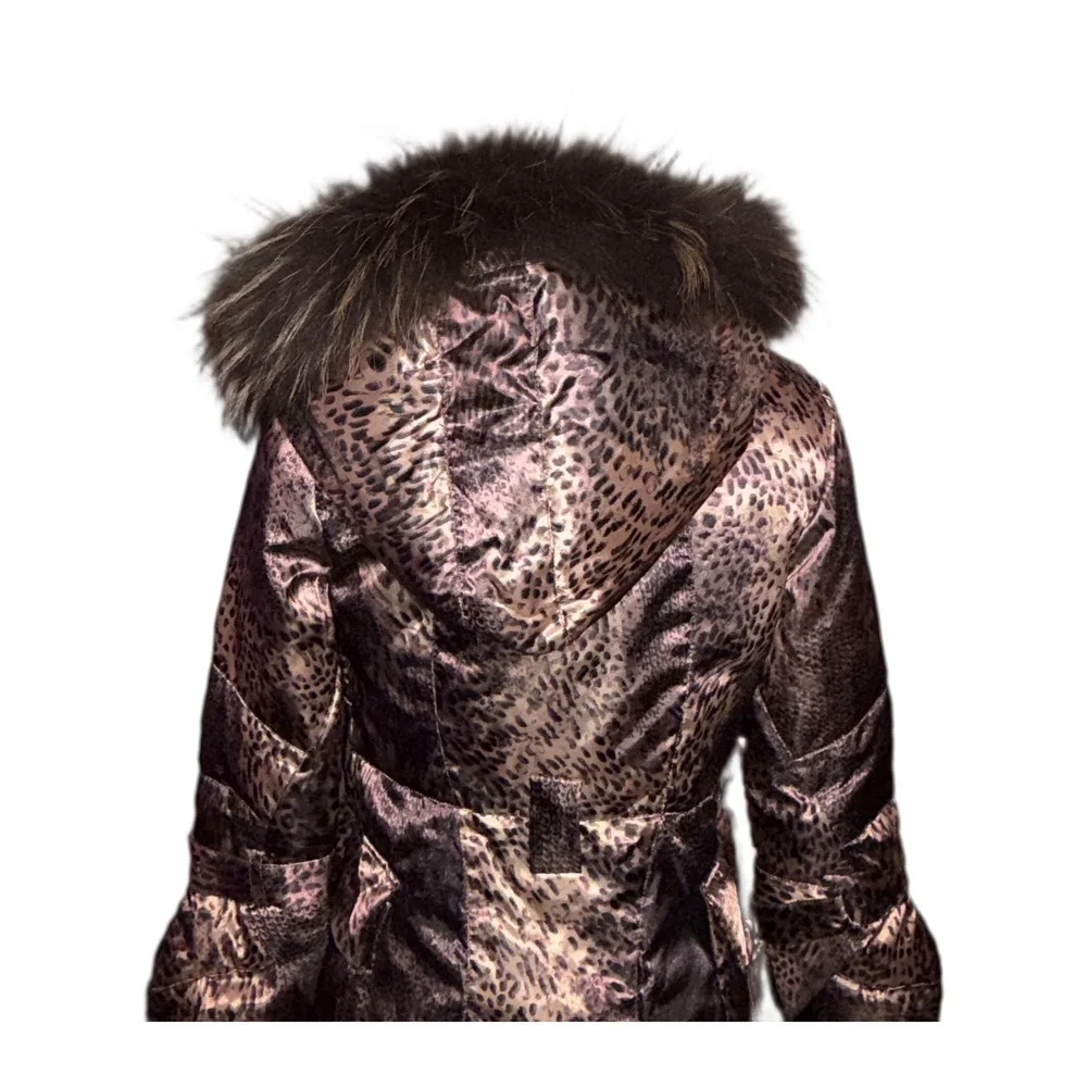Tuleh Y2K Leopard Print Real Fur Trim Hooded Trench Coat M B35 W31 H38 DAMAGED